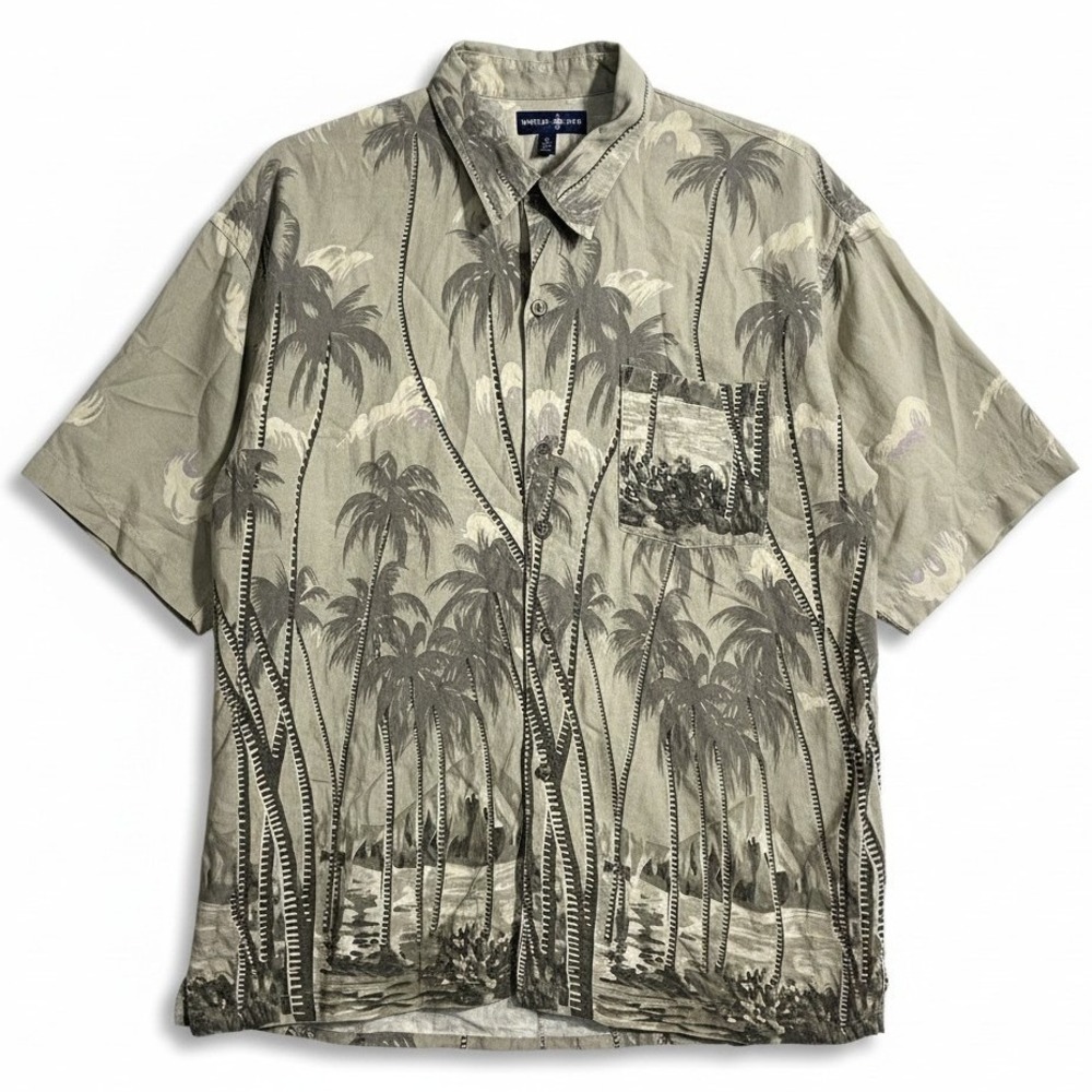 World Island Green Palm Tree Rayon Short Sleeve Button Down Shirt,‎ Men's Large